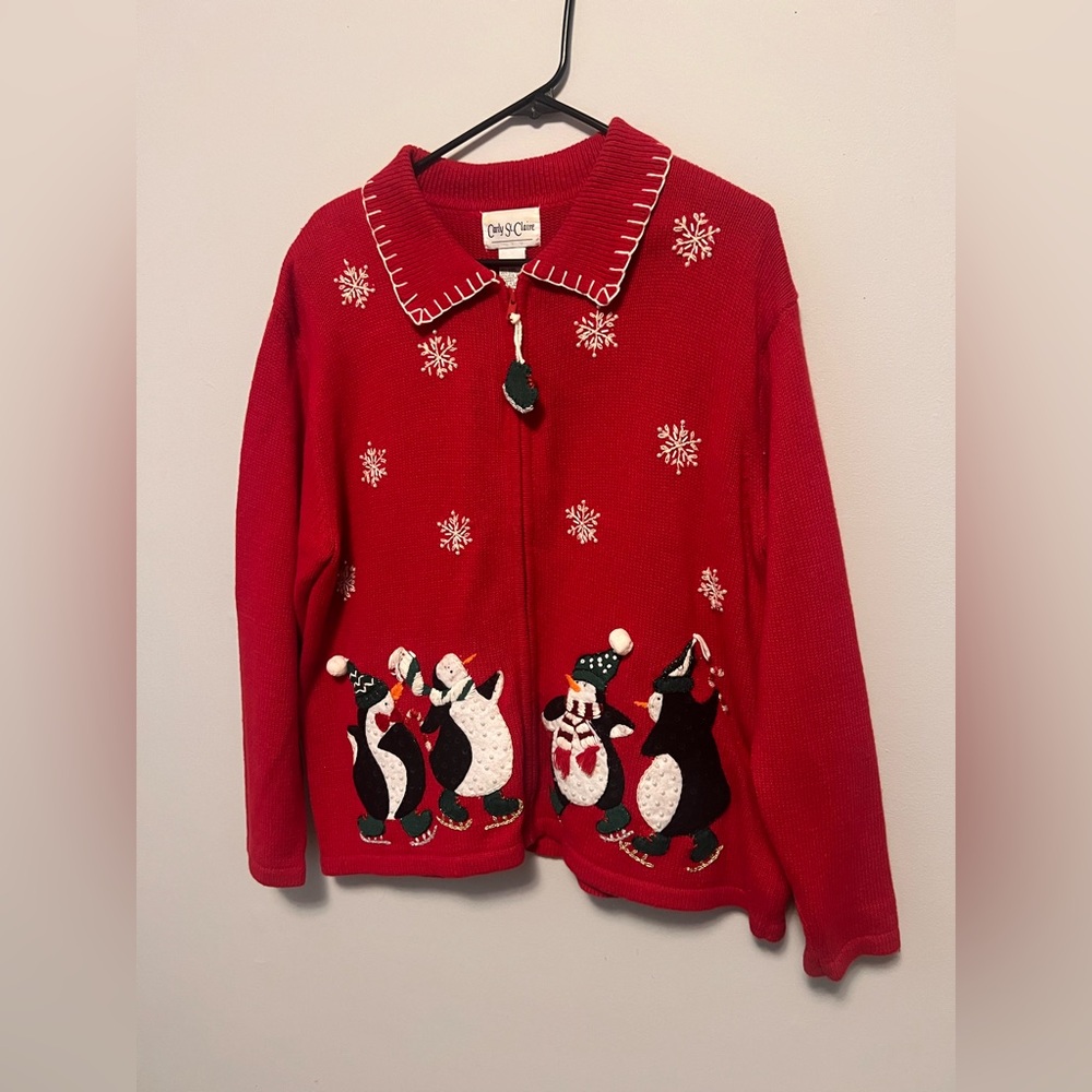 🎄 Carly St. Claire Vintage Ugly Christmas Sweater – Penguins – Zip Up – XL